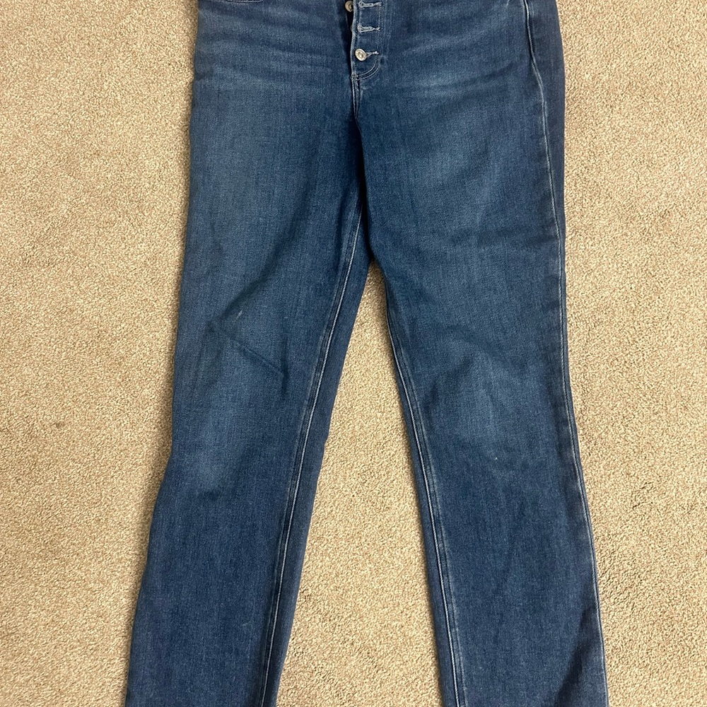 PAIGE High-Rise Button Fly Jeans in Dark Blue Wash